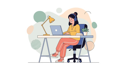 Happy woman working on laptop at home office. Perfect for website banners, blog posts, and social media.