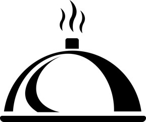 Hot food, cloche, plate, restaurant, serving, meal, steam, background, white, menu.Hot steaming meal on cloche icon symbolizing restaurant service.hot dish plate icon sign vector.Food cloche, steaming