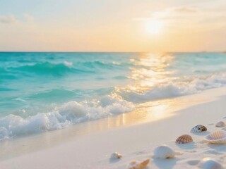 Seashells on White Sandy Beach with Soft Waves and Golden Sunset Light
