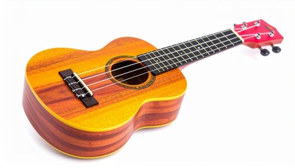 Classic wood acoustic guitar with strings on a white background, isolated musical instrument for sound and melody