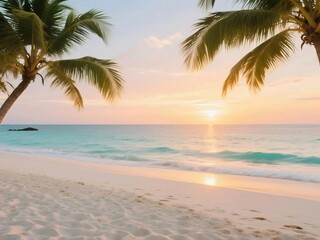 Tropical Beach Sunset with Palm Trees and Gentle Ocean Waves
