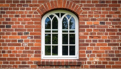 White arched window in a red brick wall