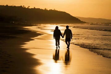 Romantic Couple Holding Hands Walking on the Beach at Sunset