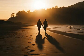 Romantic Couple Holding Hands Walking on the Beach at Sunset