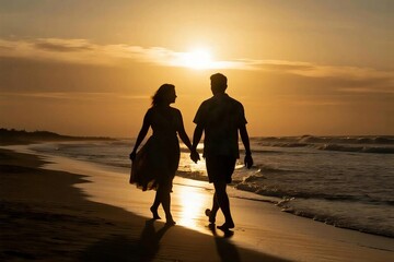 Romantic Couple Holding Hands Walking on the Beach at Sunset