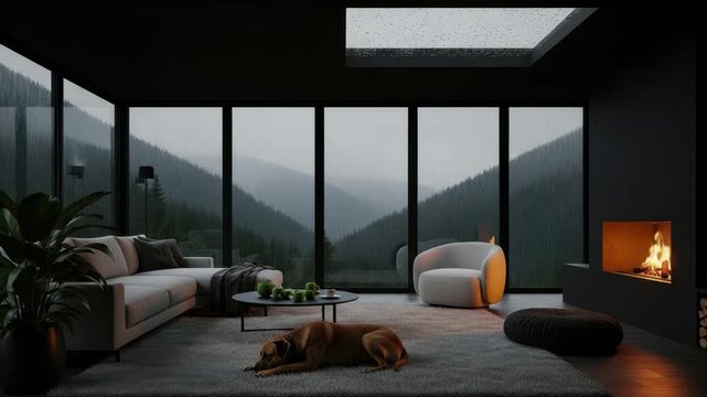 A cozy living room with a dog resting on the rug, a roaring fireplace, and large windows offering a view of a rainy mountain forest