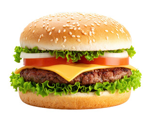 Classic cheeseburger with lettuce and tomato on transparent background PNG 