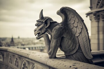 Fototapeta premium Thoughtful Gargoyle Statue on Parisian Balcony