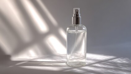 Clear spray bottle on a light background with sunbeams