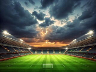 Dramatic soccer stadium under stormy sunset sky with bright lights