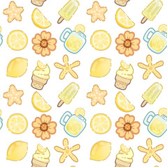 Cute Refreshing Summer Lemon Theme Seamless Pattern - Ice-cream, Fruit, Drinks, Starfish Element with Transparent Background 
