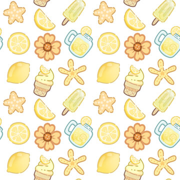 Cute Refreshing Summer Lemon Theme Seamless Pattern - Ice-cream, Fruit, Drinks, Starfish Element with Transparent Background 