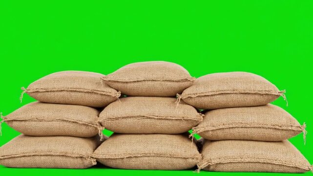 Stacked burlap sacks sit against a green backdrop creating a simple yet rustic visual composition