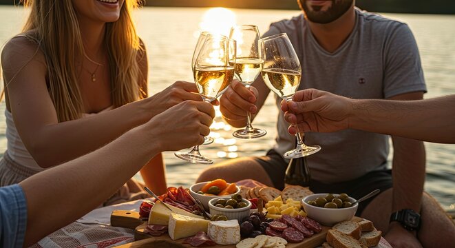 Friends toasting wine at lake sunset picnic