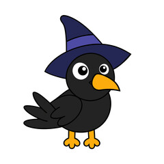 Obraz premium Cartoon Crow Vector Illustration Wearing a Wizard Hat