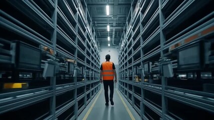 Worker in high-visibility vest walks through modern automated warehouse aisle with tall shelving units. - Powered by Adobe