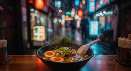 A bowl of ramen with eggs and seaweed on a wooden counter in a city street at night time