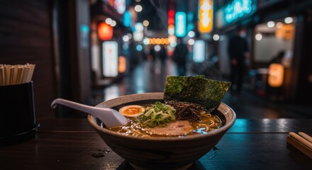 A bowl of ramen on a dark table with chopsticks and a spoon against a blurred street scene