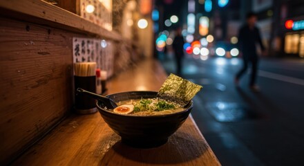 A bowl of ramen with seaweed and egg on a wooden counter at night with city lights blurred