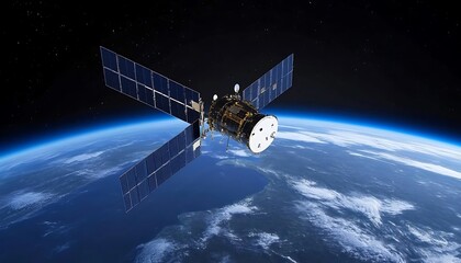 High-Resolution Satellite Orbiting Earth in Space with Detailed Solar Panels and Atmospheric View in Stunning Outer Space Environment