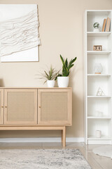 Fototapeta premium Wooden chest of drawers and shelving unit in interior of modern living room