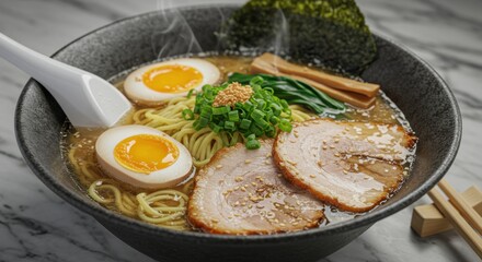 A close up shot of a bowl of ramen with eggs pork and seaweed on a marble surface table top view