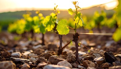 Young vineyard plants during golden hour create a picturesque rural scene