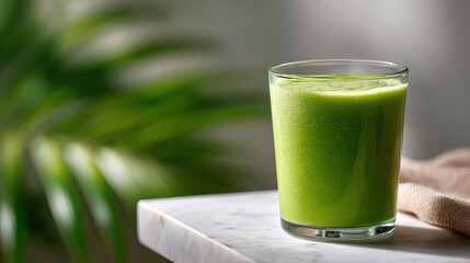 Refreshing green smoothie for healthy hormone balancing diet. This juice offers fresh vitality and sense of calm