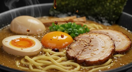 Close up of a bowl of ramen with eggs, pork, noodles, and green onions with sauce being poured on it
