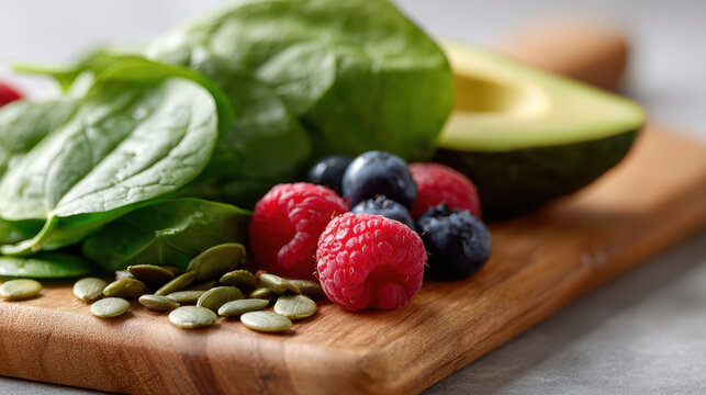 Fresh spinach avocado and berry for healthy hormone balancing diet meal. close up of superfood ingredients - Powered by Adobe