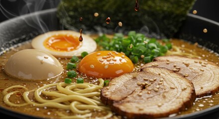 A close up shot of a bowl of ramen with egg, meat, noodles, and green onions in broth dish