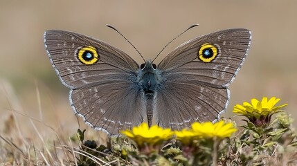 Obraz premium Close-up of a gray butterfly with yellow eyespots on its wings.