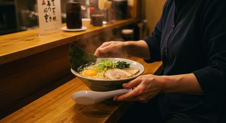 Person holding a bowl of ramen with egg, seaweed, and pork at a wooden counter in a restaurant