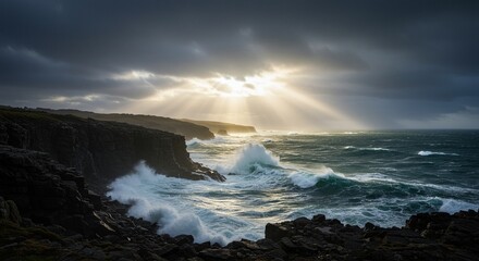 Obraz premium Dramatic Ocean Waves Crashing on Rocky Cliffs with Sun Rays