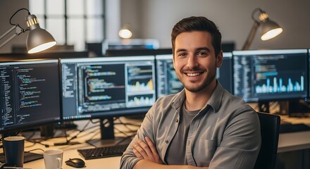 Photo of a smiling programmer poses confidently in front of multiple monitors