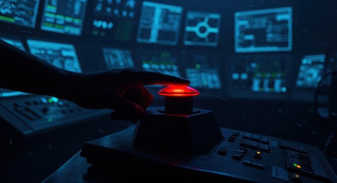 Hand pressing red button in control room, dark, futuristic.
