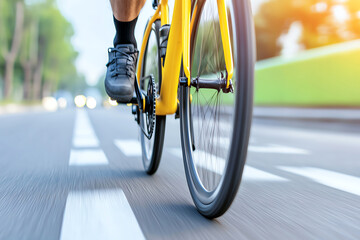 Naklejka premium A close-up of a cyclist's foot on a yellow bike, capturing movement on a city road with blurred vehicles in the background.
