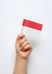 Close-up of a child's hand holding a small Indonesian flag against a clean white background. A concept for patriotism and national day celebrations.