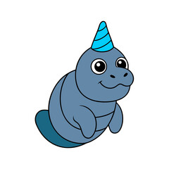 Cartoon Manatee Vector Illustration Wearing a Party Hat