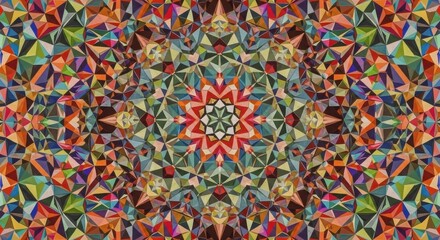 Vibrant geometric kaleidoscope pattern with intricate radial symmetry and a central starburst design