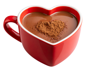  Hot Chocolate in Heart-Shaped Mug with Sprinkled Cocoa and Love Theme, Transparent Background