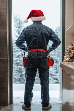 Faceless plumber in navy overalls and santa hat ready for holiday repairs in modern bathroom