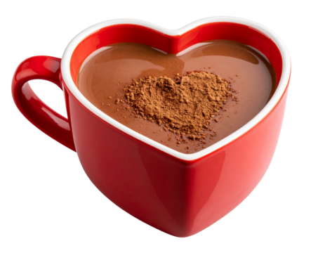  Hot Chocolate in Heart-Shaped Mug with Sprinkled Cocoa and Love Theme, Transparent Background