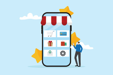 Online shopping and customer engagement concept. E-commerce retail business, digital marketing, technology smart phone with social media and application for home shopping illustration flat vector.