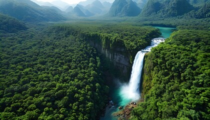 Fototapeta premium Aerial View of Majestic Lush Waterfall Cascading Through a Green Forest