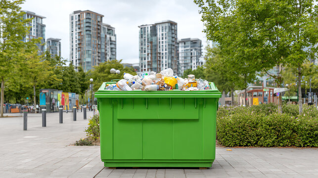A green dumpster overflowing with waste surrounded by modern high-rise buildings and lush greenery in an urban setting.