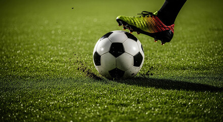 Dynamic soccer player kicking ball on vibrant green field, capturing action and sport.