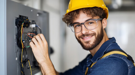A skilled electrician working on a control panel, exemplifying professionalism and safety in the electrical trade.