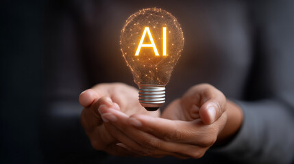 Hand Holding a Glowing AI Light Bulb