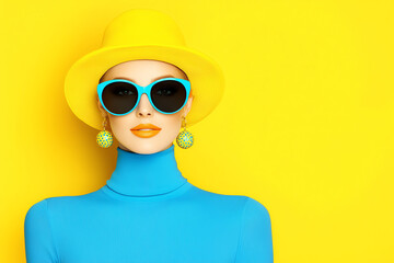 A stylish woman poses against a vibrant yellow background, wearing a blue outfit, sunglasses, and accessories, embodying modern fashion.